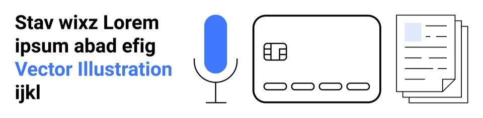 Microphone, credit card, and stack of document papers symbolize finance, comm Stock Illustration