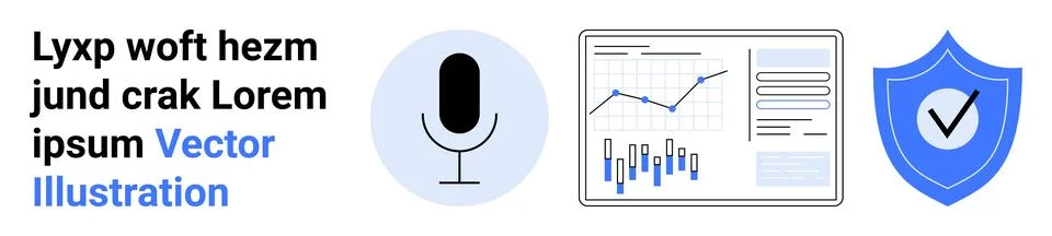 Microphone, data graphs, and shield with a check-mark depicting secure podcas Stock Illustration