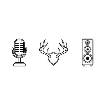 Microphone deer antlers and audio speaker line icons Stock Illustration