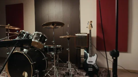 Microphone with Drums Standing in Empty Studio for Band Rehearsal Stock Footage 336377601
