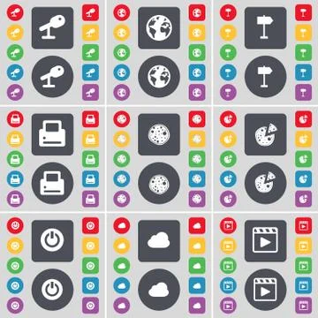 Microphone, Earth, Signpost, Printer, Pizza, Power, Cloud, Media player icon sym Stock Illustration