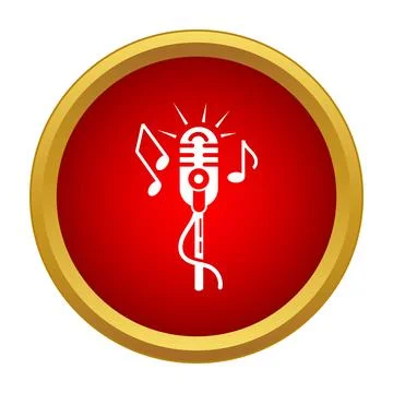 Microphone emitting music notes on red emblem Stock Illustration