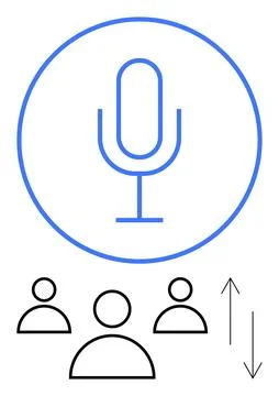 Microphone enclosed in a circle with three figures and arrows. Represents com 库存插图