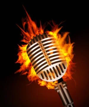 Microphone in Fire Microphone in Fire Isolated on Black Background. Vector... Stock Photos