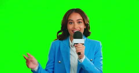 Microphone green screen and woman journalist with news broadcast or message on