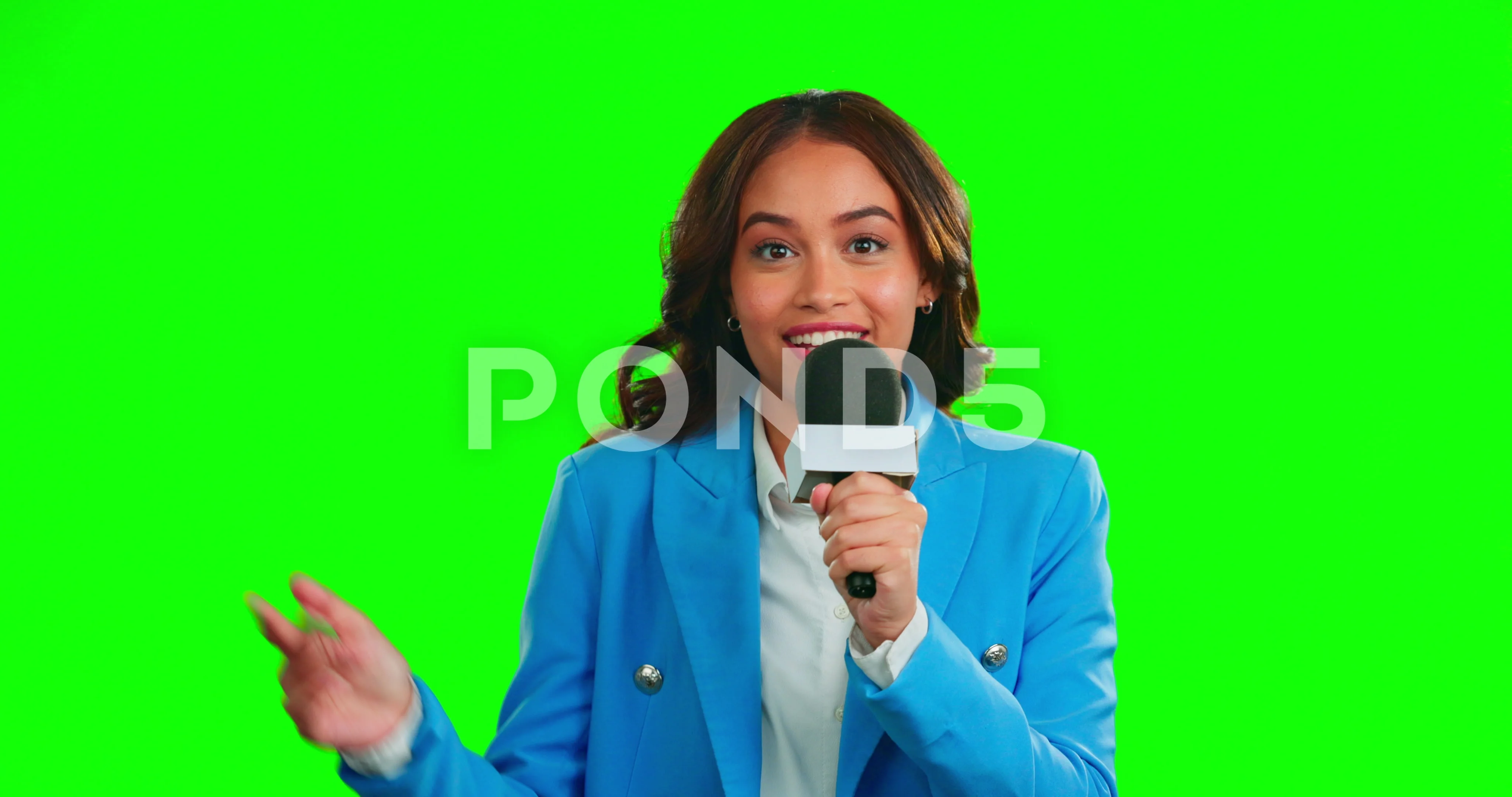 Microphone green screen and woman journalist with news broadcast or message on