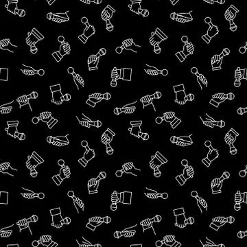 Microphone in Hand vector dark seamless pattern in linear style 스톡 일러스트