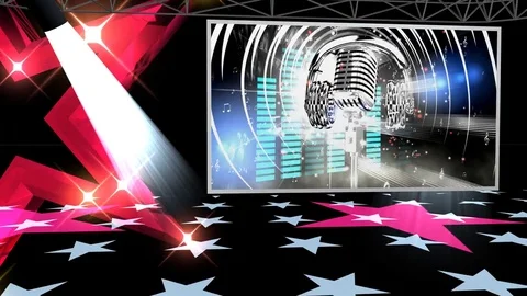 Microphone, headphones, screen, stars...Headline for program, music show Stock Footage 69762554