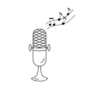 Microphone icon and notes outline. Classic mic in simple style isolated on white Stock Illustration