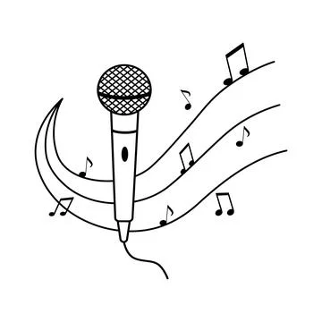 Microphone icon and notes outline illustration. Classic mic in simple style Stock Illustration