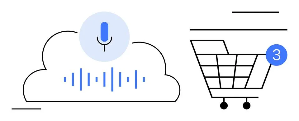 Microphone icon on a cloud with voice waves next to a shopping cart with a no Stock Illustration