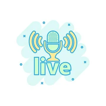 Microphone icon in comic style. Live broadcast vector cartoon illustration on Stock Illustration