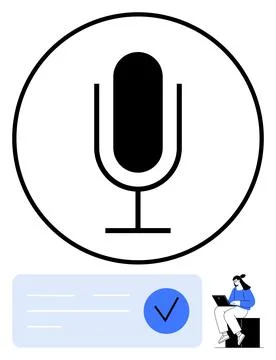 Microphone Icon with Person Using Laptop Nearby in Combination with Check Mar Illustrazione stock