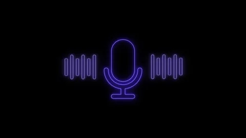 Microphone icon with pulsing sound waves in neon purple glow on black backg.. Stock Footage 345549491