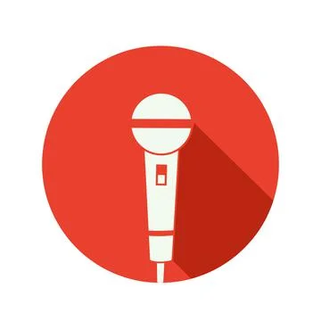 Microphone icon on red background with shadow. Mic silhouette. Music, voice Stock Illustration