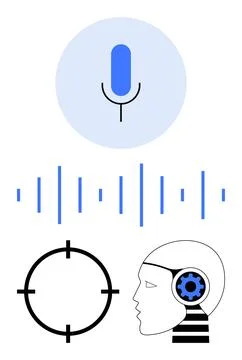 Microphone icon, sound wave, target symbol, and AI head with gear depicted. I 스톡 일러스트