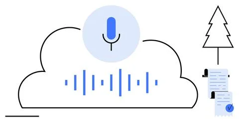 A microphone icon within a cloud shape with sound waves beneath, accompanied  Stock Illustration