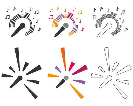 Microphone icons set with sound waves and musical notes isolated on white Stock Illustration
