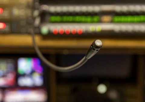 Microphone of intercom in broadcast production control room Stock Photos