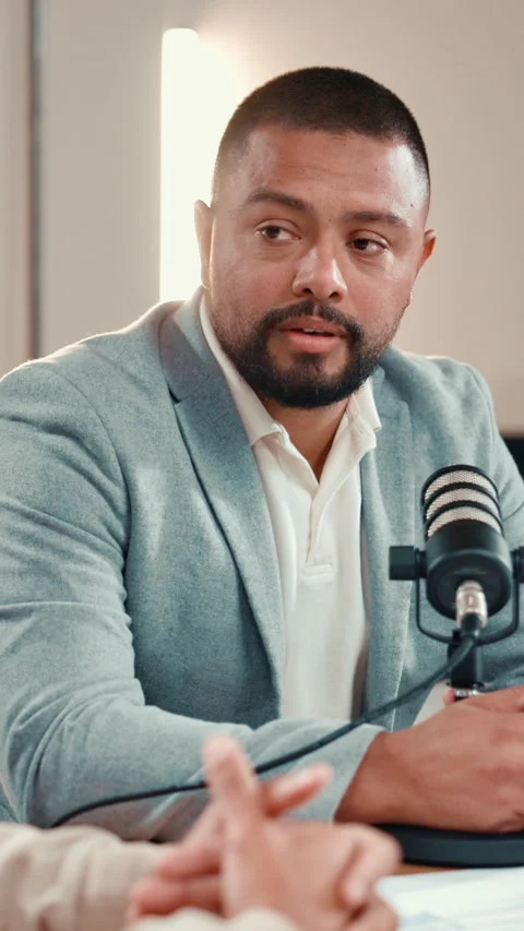 Microphone, interview and podcast with man in discussion with talk show, Stock Footage 319533743