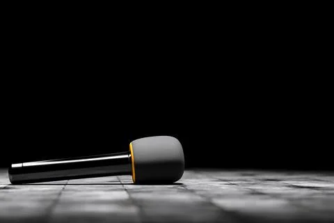 Microphone for an interview or reportage on floor on black background. Anno.. Stock Illustration