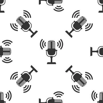 Microphone isolated icon seamless pattern on white background. On air radio mic Illustrazione stock
