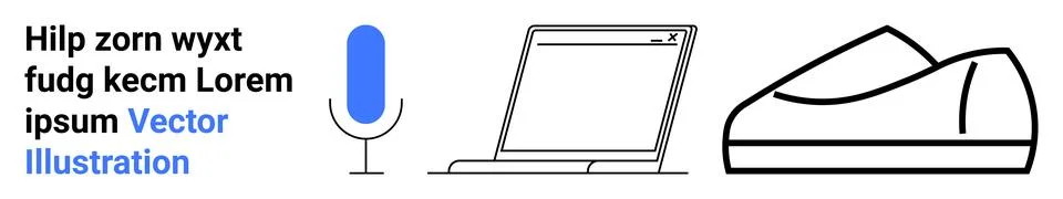 Microphone, laptop screen with web browser, and running shoe. Ideal for tech, Illustrazione stock