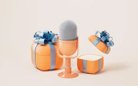 Microphone live streaming and gift boxes, 3d rendering. Stock Illustration