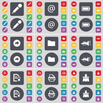 Microphone, Mail, Battery, Back, Folder, Trumped, Text file, Printer, Brush icon Stock Illustration
