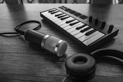 Microphone, midi keyboard Fotos de archivo
