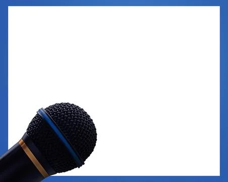 Microphone mockup banner with blue border on white background Stock Photos