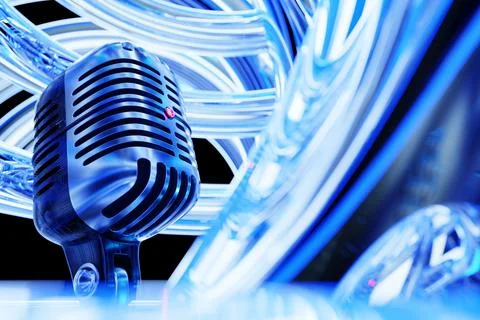 Microphone model on neon background, realistic 3d illustration. music award,  Stock Photos