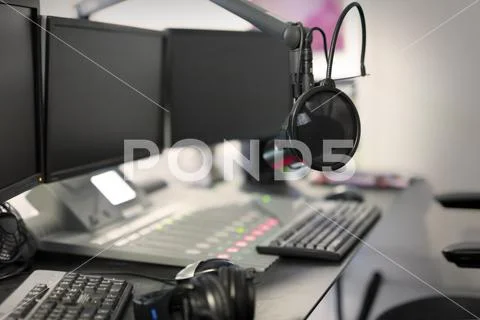 Microphone modern radio station broadcasting studio Stock Photos