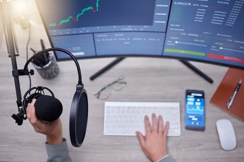 Microphone, person hands and podcast studio, computer screen and stock market Stock Photos