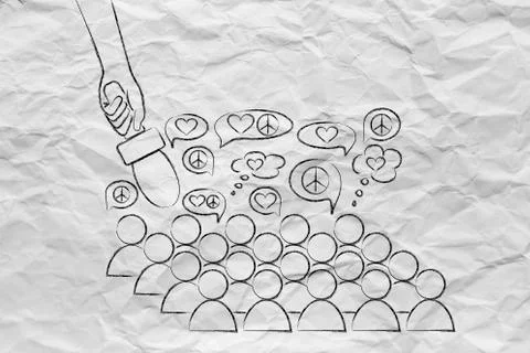 Microphone pointed towards crowd with comic bubbles talking about peace and l Foto stock