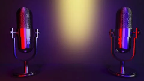 A microphone in a radio program against a dark background, center-lit; a ra.. 스톡 사진