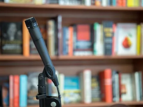 Microphone ready to present at a book store Stock Photos