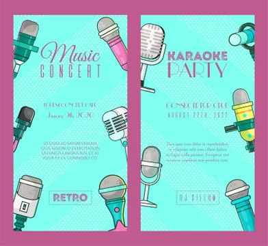 Microphone set of banners vector illustration. Live music concert. Karaoke party Ilustração Stock