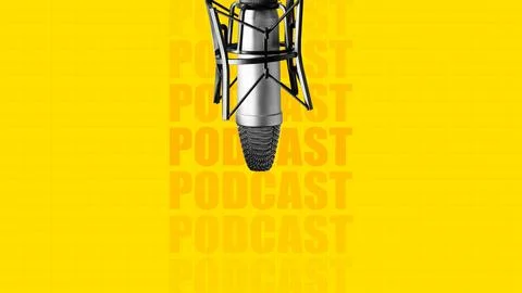 Microphone setup for a podcast recording on bright yellow background with Stock Photos