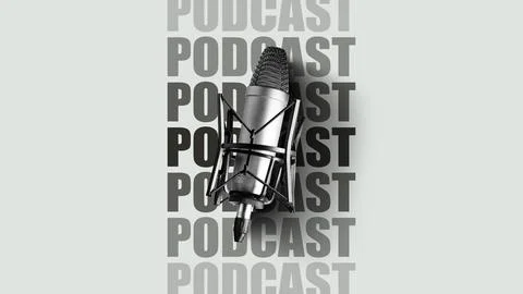 Microphone setup for podcast recording on a simple background Stock Photos