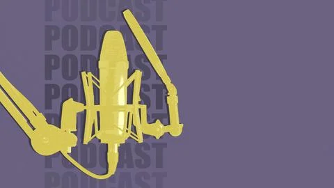 Microphone setup for podcast recording in studio space with purple background Stock Illustration