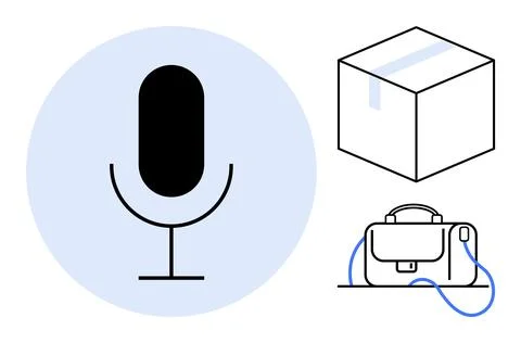 Microphone, shipping box, and briefcase representing media, logistics, and .. 스톡 일러스트
