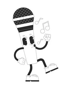 Microphone singing dancing outline groovy mascot character Stock Illustration