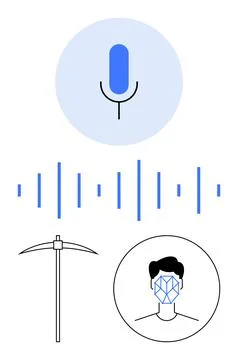 Microphone, soundwave, pickaxe, and face scan represent voice recognition, da 스톡 일러스트