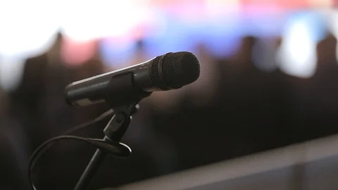 The microphone is on the stage of the conference Stock Footage 87026963