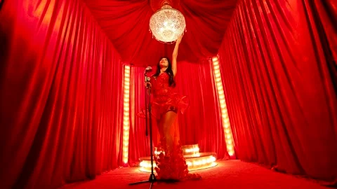 The microphone on stage emphasizes the retro style of the performance, and the c Stock Footage 288621985