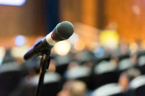 Microphone on the stage at the seminar. Stock Photos
