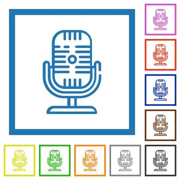 Microphone on stand outline flat framed icons Stock Illustration