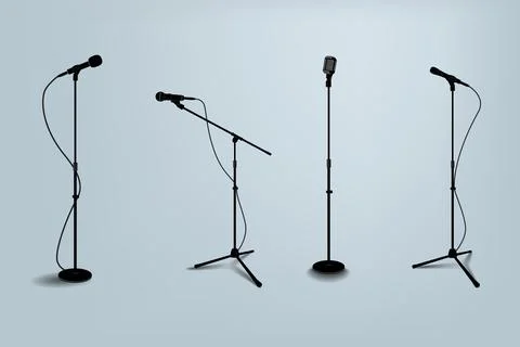 Microphone stand. Realistic mic tripod with wire. Karaoke and stage mike. Sing Stock Illustration