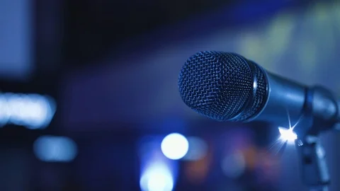 Microphone on the Stand is Standing on the Stage, Close-Up Microphone on the Stock Footage